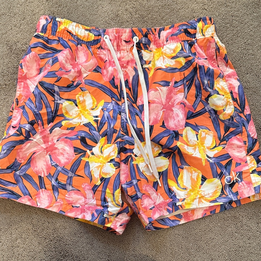Calvin Klein Tropical Floral swim Shorts Orange, Pink, Yellow purple swim trunks